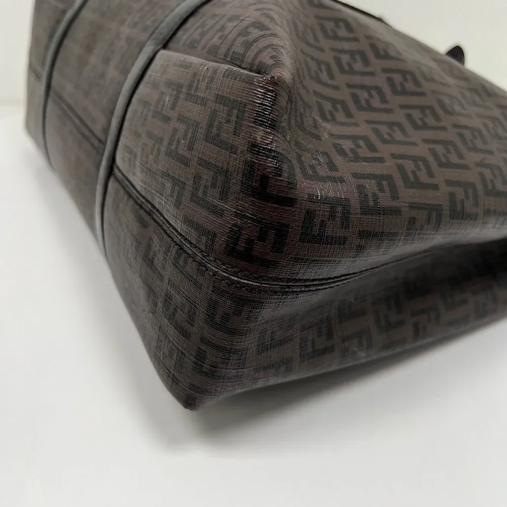 Auth FENDI Zucchino Tote Shoulder Bag Brown Black PVC Leather